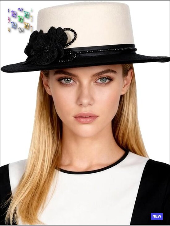 Dome and Flat Brim Wool Felt Fedora Hat with Flower Beaded Decoration for Church main image 6